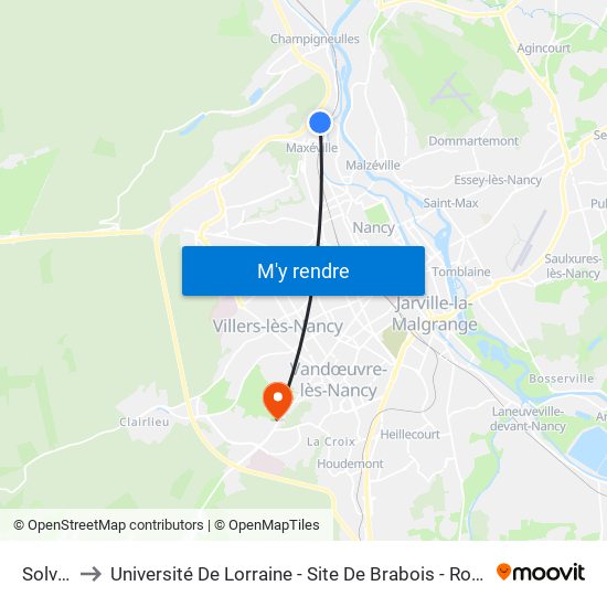 Solvay to Université De Lorraine - Site De Brabois - Roubault map
