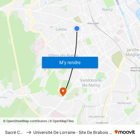 Sacré Coeur to Université De Lorraine - Site De Brabois - Roubault map