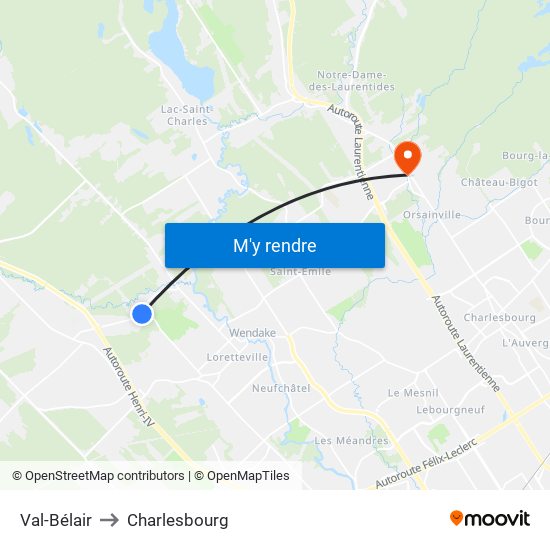 Val-Bélair to Charlesbourg map