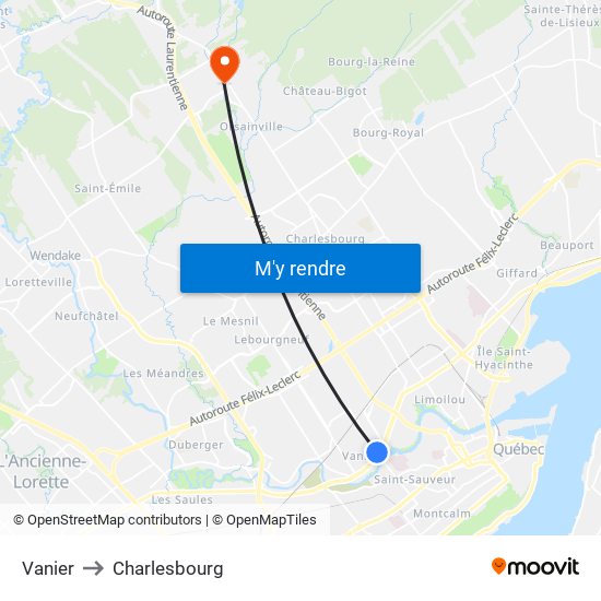 Vanier to Charlesbourg map