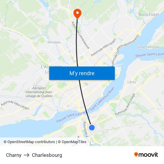 Charny to Charlesbourg map