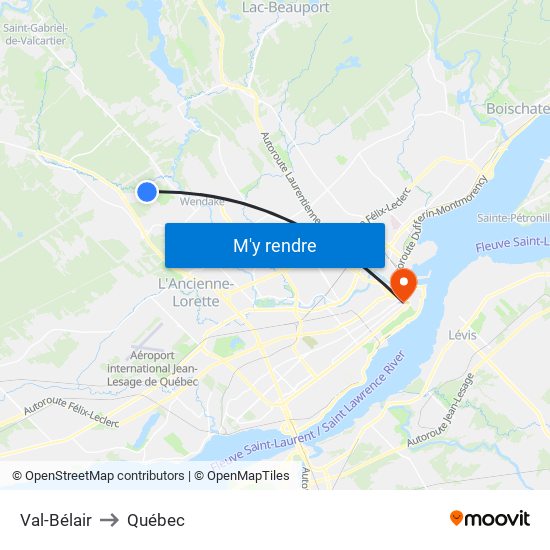 Val-Bélair to Québec map