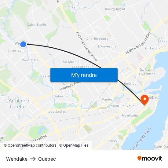 Wendake to Québec map