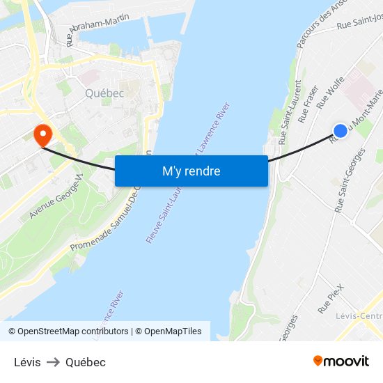Lévis to Québec map