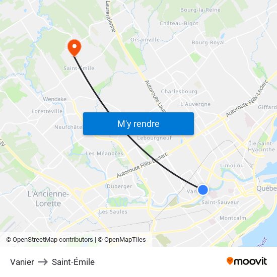 Vanier to Saint-Émile map