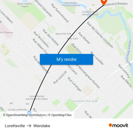 Loretteville to Wendake map