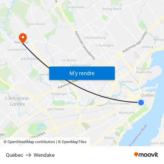 Québec to Wendake map