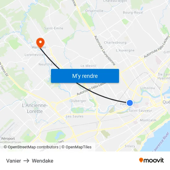 Vanier to Wendake map