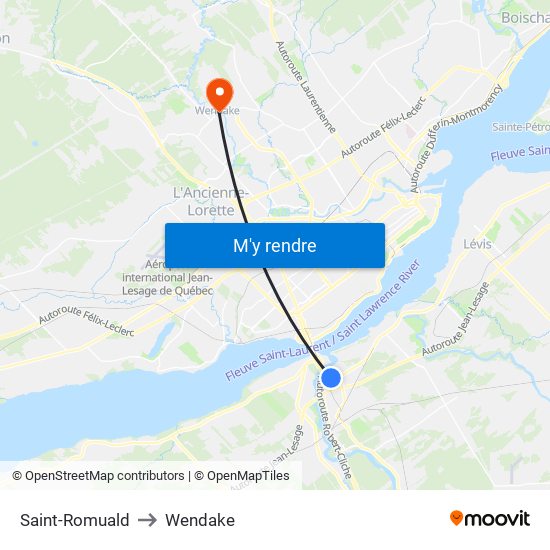 Saint-Romuald to Wendake map
