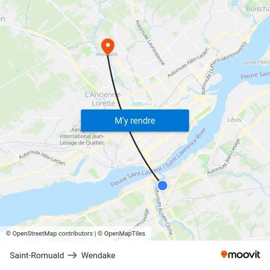 Saint-Romuald to Wendake map