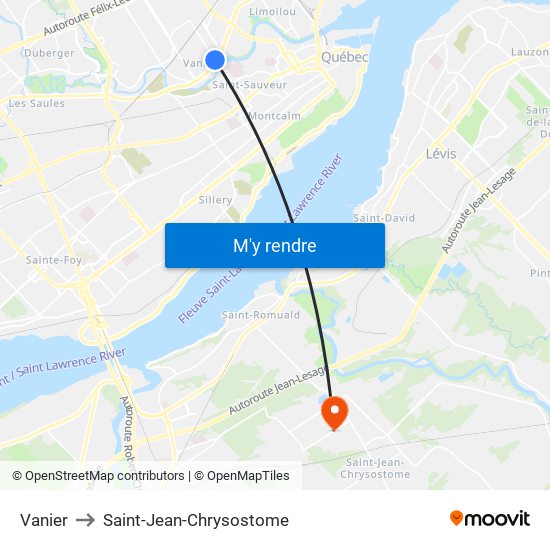Vanier to Saint-Jean-Chrysostome map