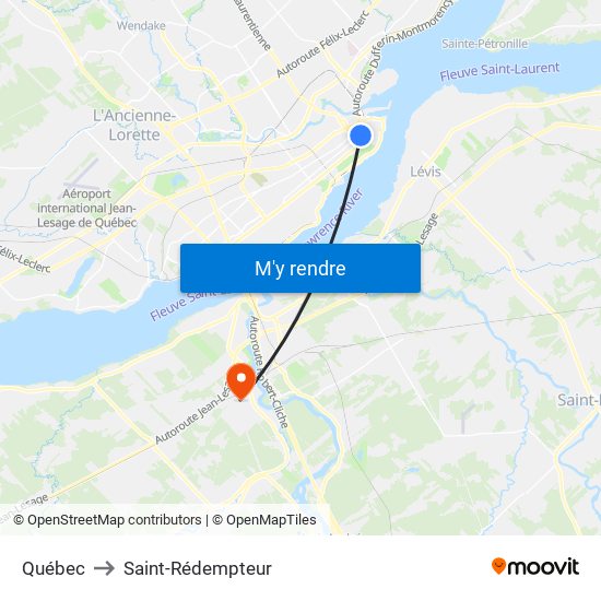 Québec to Saint-Rédempteur map
