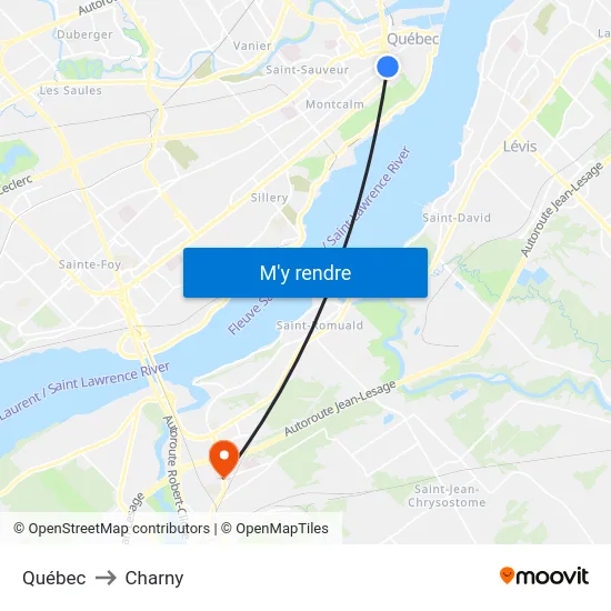 Québec to Charny map