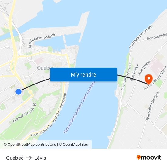 Québec to Lévis map
