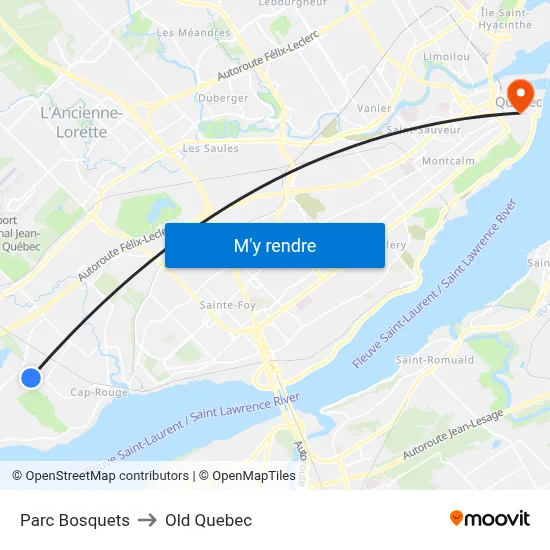 Parc Bosquets to Old Quebec map