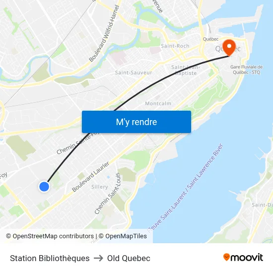 Station Bibliothèques to Old Quebec map