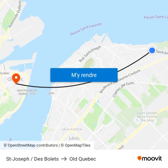 St-Joseph / Des Bolets to Old Quebec map
