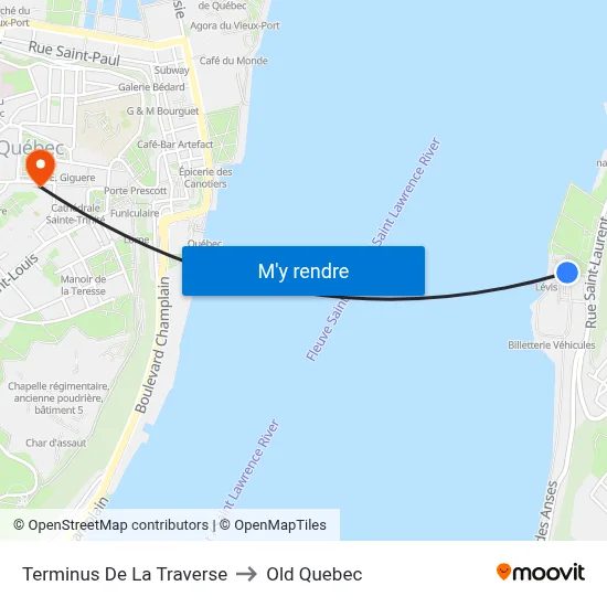 Terminus De La Traverse to Old Quebec map