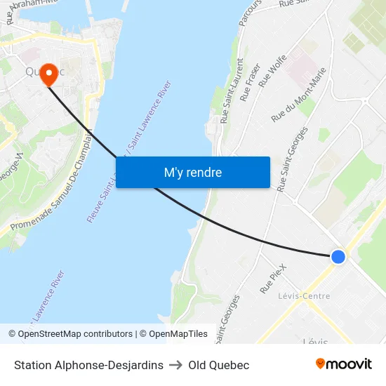 Station Alphonse-Desjardins to Old Quebec map