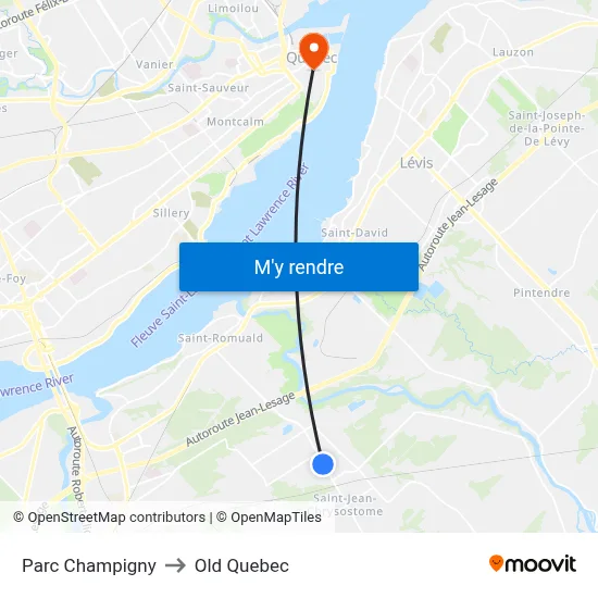 Parc Champigny to Old Quebec map
