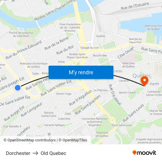 Dorchester to Old Quebec map