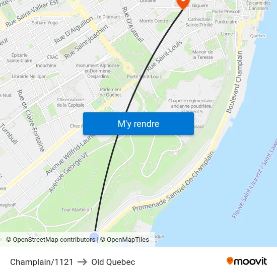 Champlain/1121 to Old Quebec map
