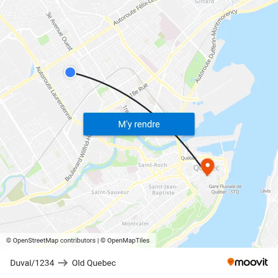 Duval/1234 to Old Quebec map