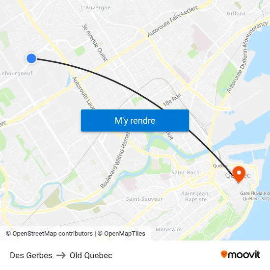 Des Gerbes to Old Quebec map