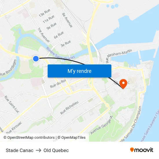 Stade Canac to Old Quebec map