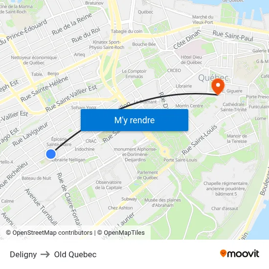 Deligny to Old Quebec map