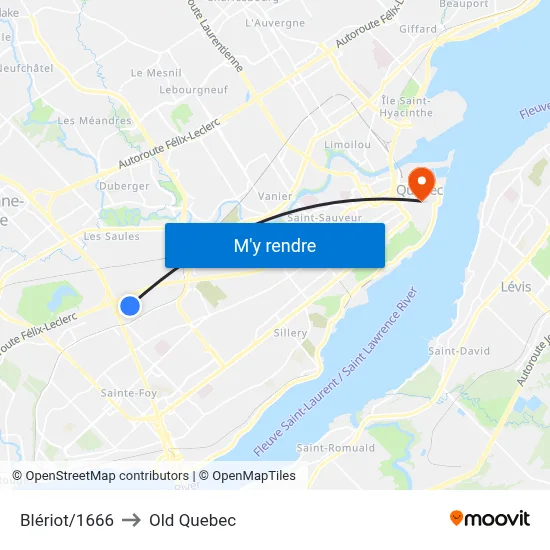 Blériot/1666 to Old Quebec map