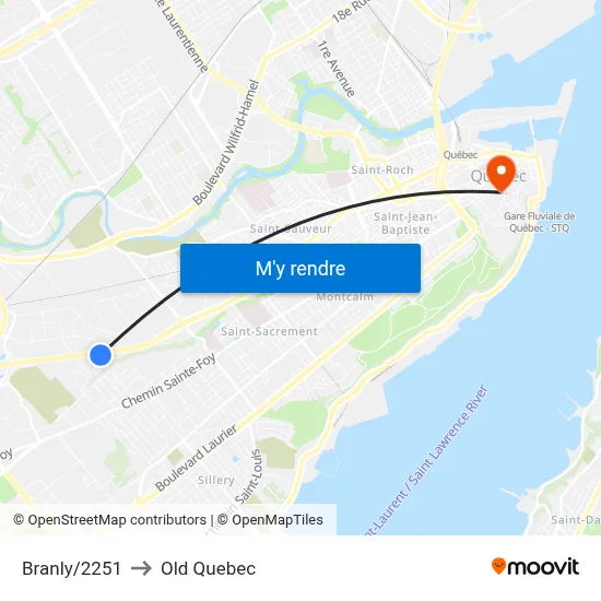 Branly/2251 to Old Quebec map
