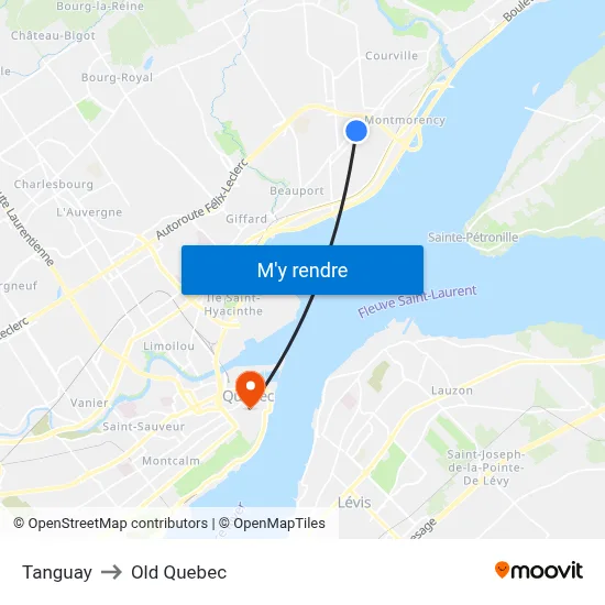 Tanguay to Old Quebec map