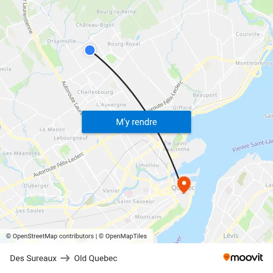 Des Sureaux to Old Quebec map