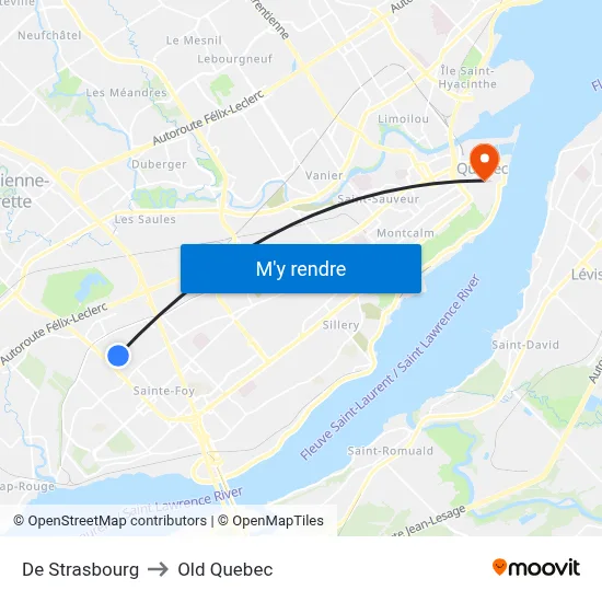 De Strasbourg to Old Quebec map