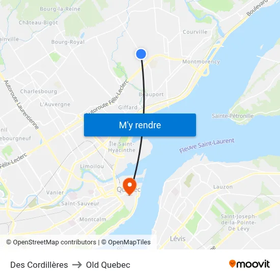 Des Cordillères to Old Quebec map