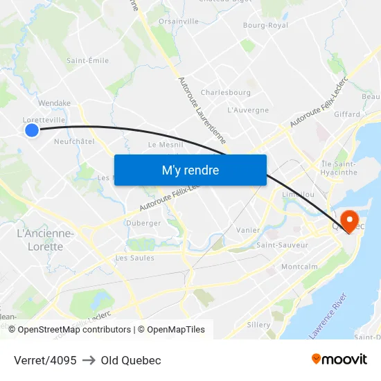 Verret/4095 to Old Quebec map