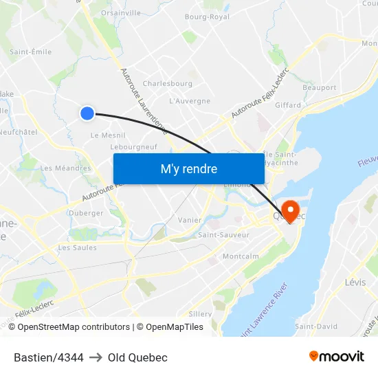 Bastien/4344 to Old Quebec map