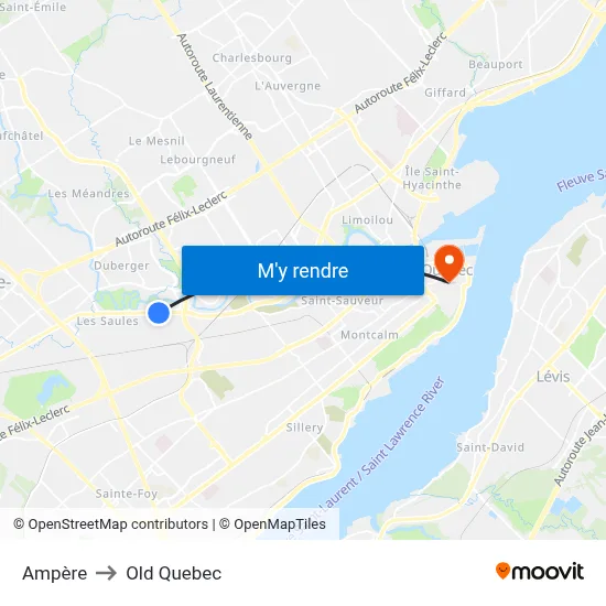 Ampère to Old Quebec map