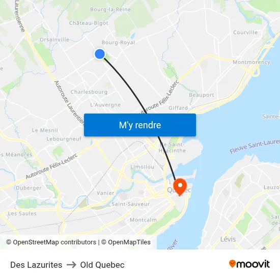Des Lazurites to Old Quebec map
