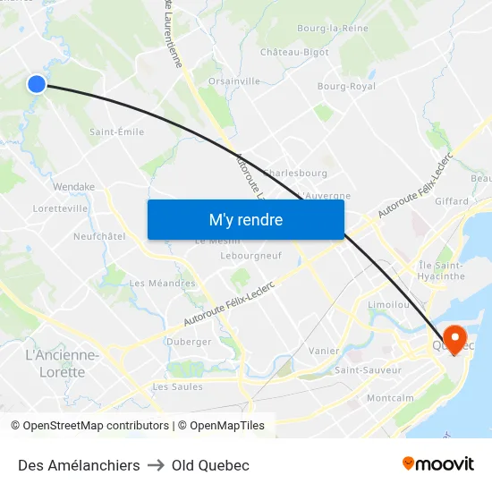 Des Amélanchiers to Old Quebec map