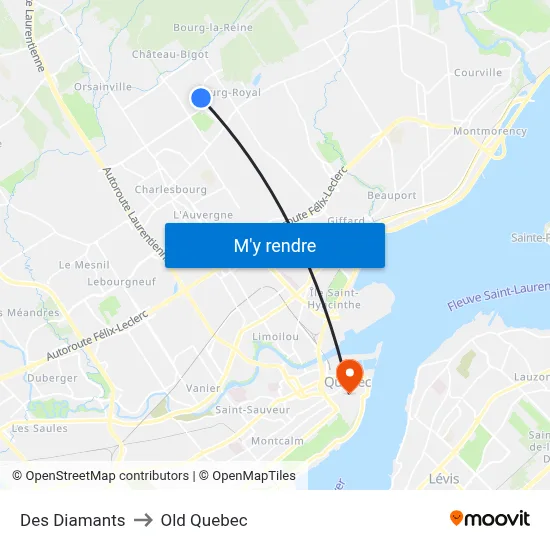 Des Diamants to Old Quebec map
