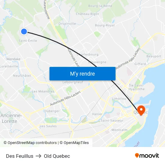 Des Feuillus to Old Quebec map