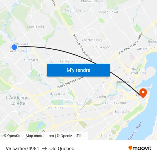 Valcartier/4981 to Old Quebec map