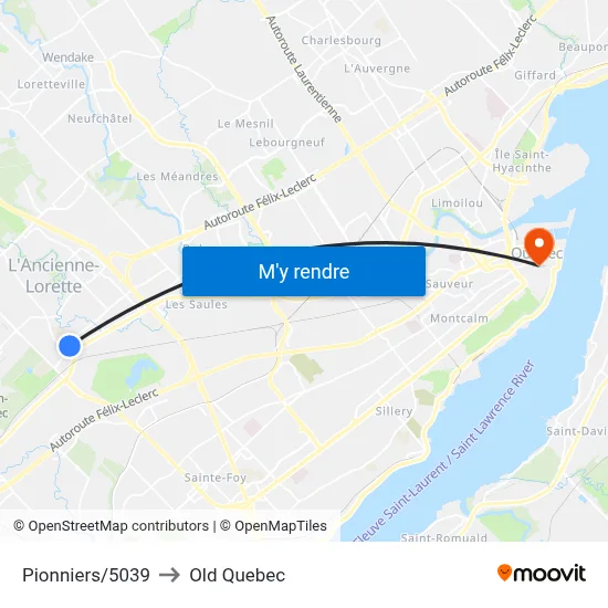 Pionniers/5039 to Old Quebec map
