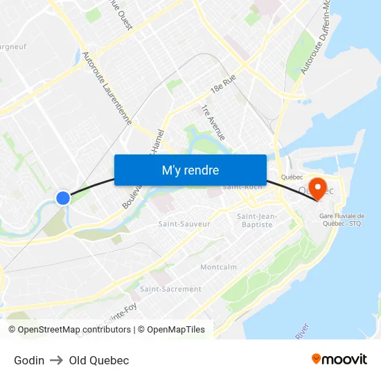 Godin to Old Quebec map
