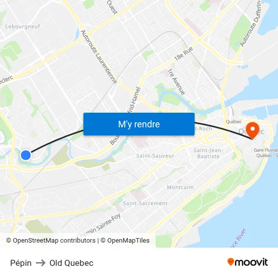 Pépin to Old Quebec map