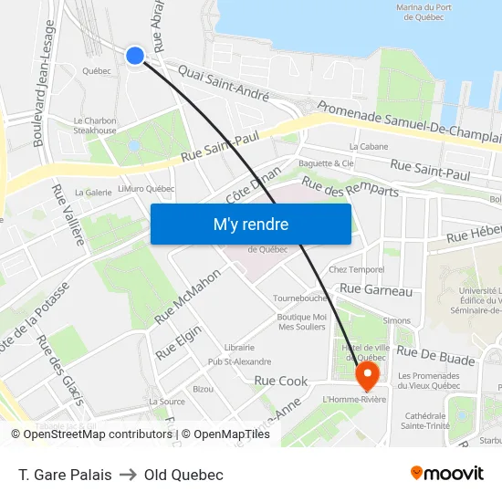 T. Gare Palais to Old Quebec map