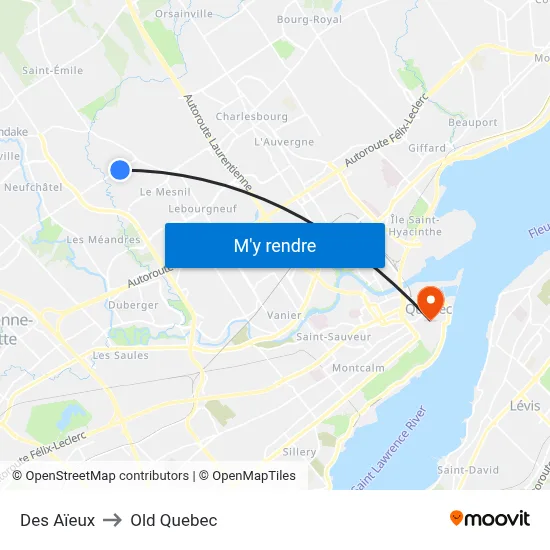 Des Aïeux to Old Quebec map