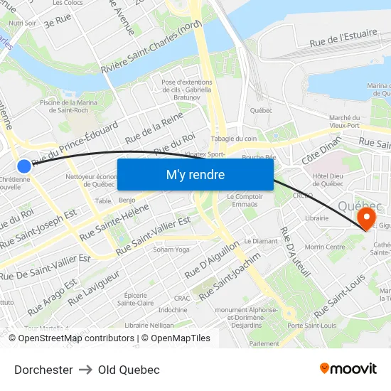 Dorchester to Old Quebec map